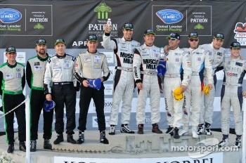 Class winners podium: P1 and overall winners Klaus Graf and Lucas Luhr, PC winners Gunnar Jeannette and Ricardo Gonzalez, GT winners Dirk Müller and Joey Hand, P2 winners Scott Tucker and Christophe Bouchut, GTC winners Tim Pappas and Jeroen Bleekemolen