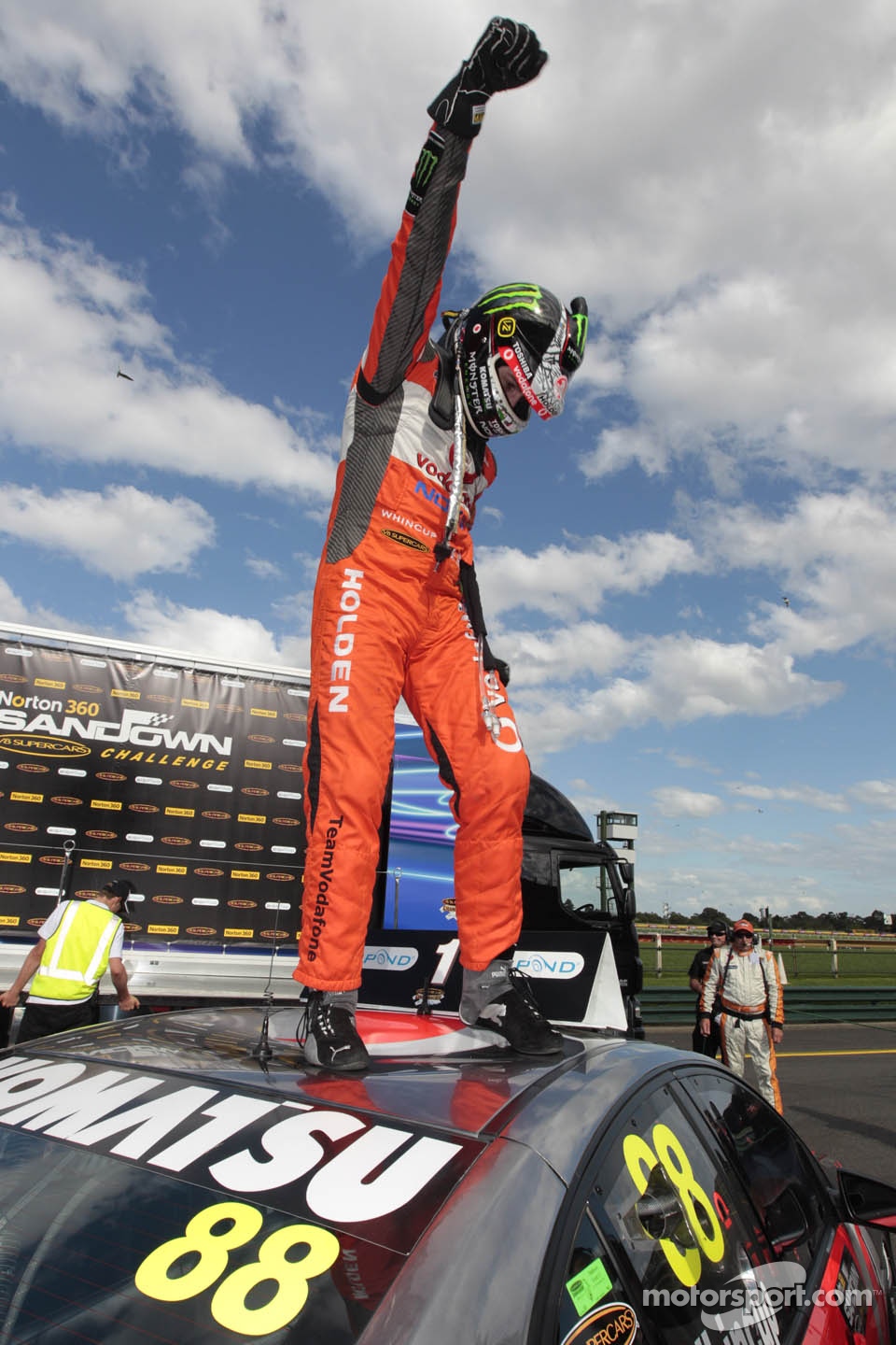 Race winner Jamie Whincup celebrates