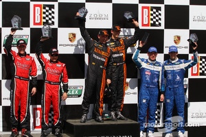 Victory lane: race winners Max Angelelli and Jordan Taylor, second place Alex Gurney and Jon Fogarty, third place Richard Westbrook and Ricky Taylor