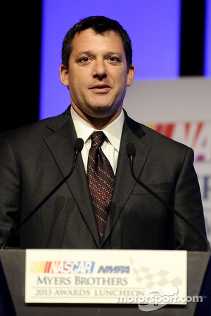 Tony Stewart speaks onstage after winning the Myers Brothers Award at the NMPA Myers Brothers Awards Luncheon