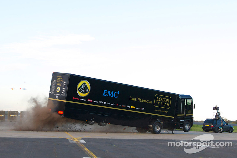 Stunt truck driver Mike Ryan jumps over stunt driver Martin Ivanov in record distance