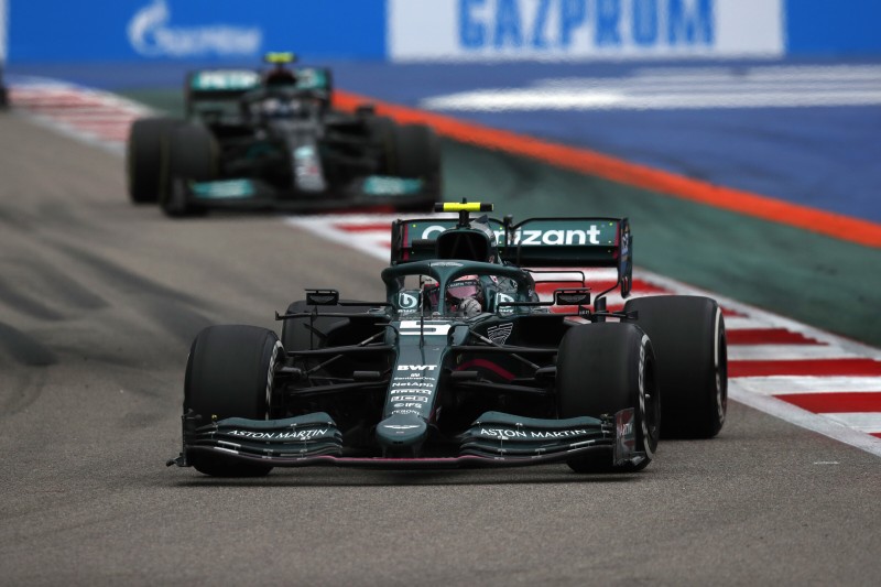 Sebastian Vettel Valtteri Bottas Aston Martin Aston Martin F1 ~Sebastian Vettel (Aston Martin) und Valtteri Bottas (Mercedes) ~