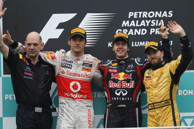 Adrian Newey Jenson Button Sebastian Vettel Nick Heidfeld Red Bull Aston Martin Red Bull Racing F1McLaren McLaren F1 Team F1Lotus Lotus F1 Team F1 ~Adrian Newey, Jenson Button, Sebastian Vettel (Ferrari) und Nick Heidfeld ~