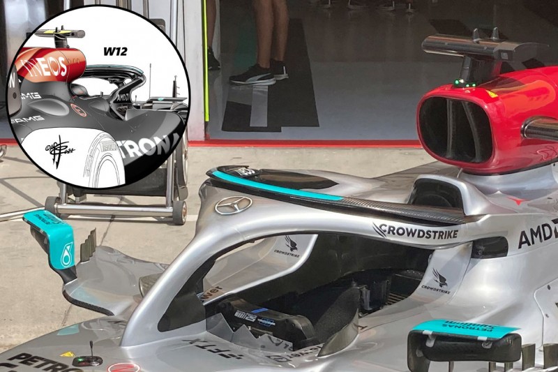 Bumerang-Winglets am Halo des Mercedes W13 (im Kreis zum Vergleich die Lösung des W12)