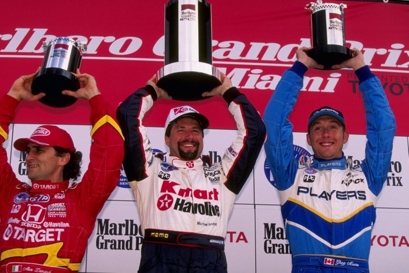 CART-Podium in Homestead 1998: 1. Michael Andretti, 2. Greg Moore, 3. Alex Zanardi