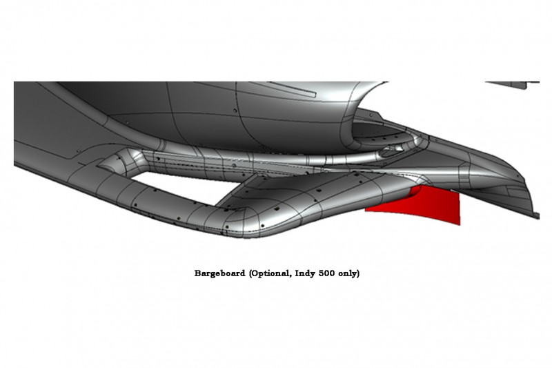 Optionales Bargeboard am IndyCar-Unterboden für das Indy 500 im Mai 2021