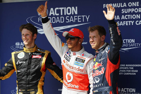 Romain Grosjean, Lewis Hamilton i Sebastian Vettel | Fot. XPB