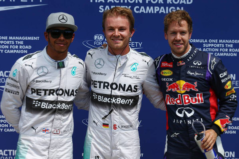 Lewis Hamilton, Nico Rosberg i Sebastian Vettel | Fot. XPB