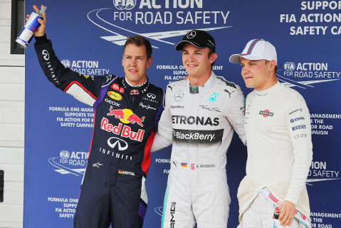 Sebastian Vettel, Nico Rosberg i Valtteri Bottas | Fot. XPB