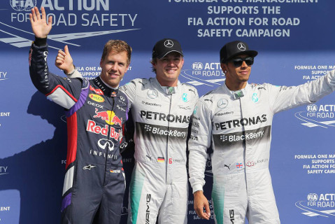 Sebastian Vettel, Nico Rosberg i Lewis Hamilton | Fot. XPB
