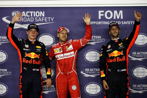 Max Verstappen, Sebastian Vettel i Daniel Ricciardo | Fot. XPB