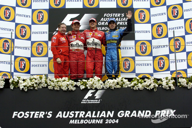 2004: 1. Michael Schumacher, 2. Rubens Barrichello, 3. Fernando Alonso