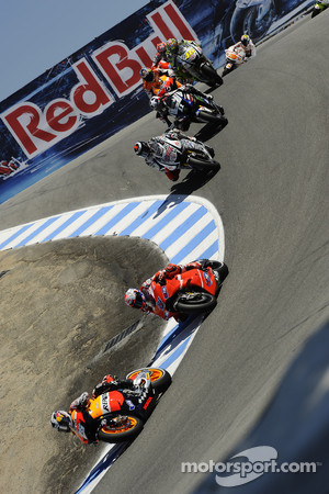 Dani Pedrosa, Repsol Honda Team leads Casey Stoner, Ducati Marlboro Team and Jorge Lorenzo, Fiat Yamaha Team