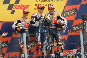 Dani Pedrosa, Repsol Honda Team, Jorge Lorenzo, Yahama Factory Racing and Casey Stoner, Repsol Honda Team