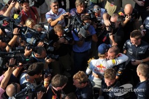 Sebastian Vettel, Red Bull Racing celebrates his win with the team
