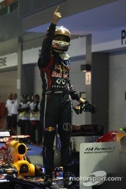 Red Bull driver Sebastian Vettel celebrates win in Singapore