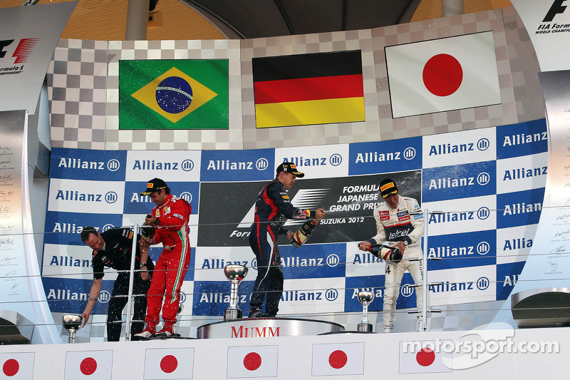 2012. Подіум: 1. Себастьян Феттель, Red Bull - Renault. 2. Феліпе Масса, Ferrari. 3. Камуі Кобаясі, Sauber-Ferrari