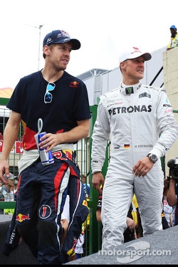 Sebastian Vettel, Red Bull Racing and Michael Schumacher, Mercedes AMG F1 on the drivers parade