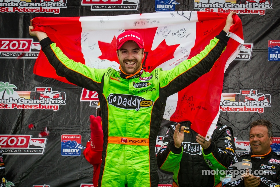 Victory circle: race winner James Hinchcliffe, Andretti Autosport Chevrolet celebrates