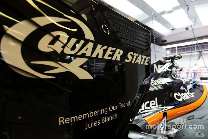 The Sahara Force India F1 VJM08 pays tribute to Jules Bianchi